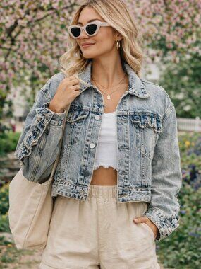 Forever 21 Acid Wash Denim Jacket w/ Ruffle Detail – Size M NWT